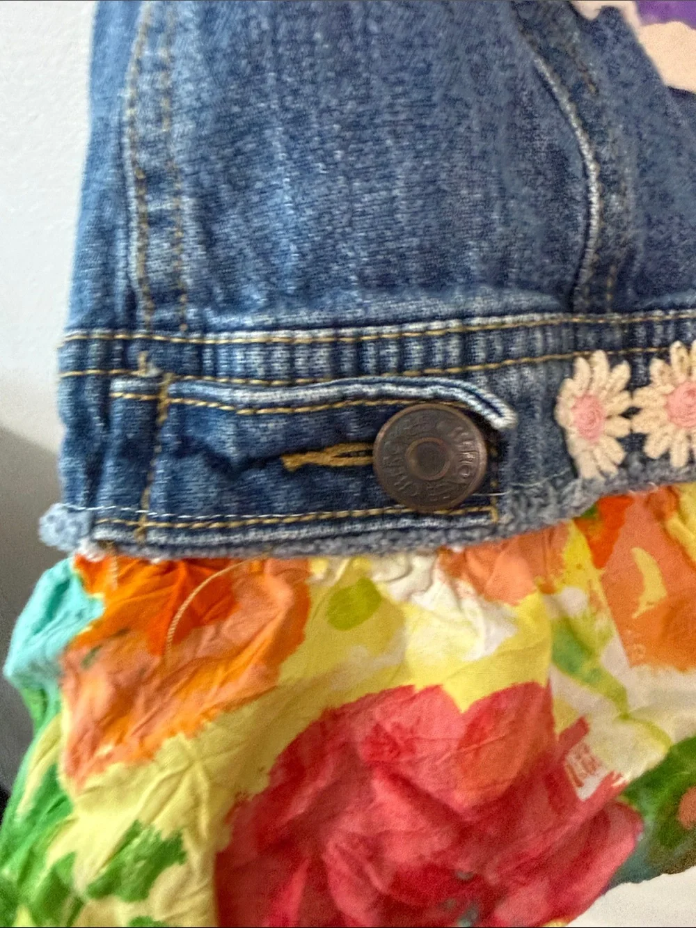 Girls' Denim Floral Embroidered Vest with Yellow Floral Hem